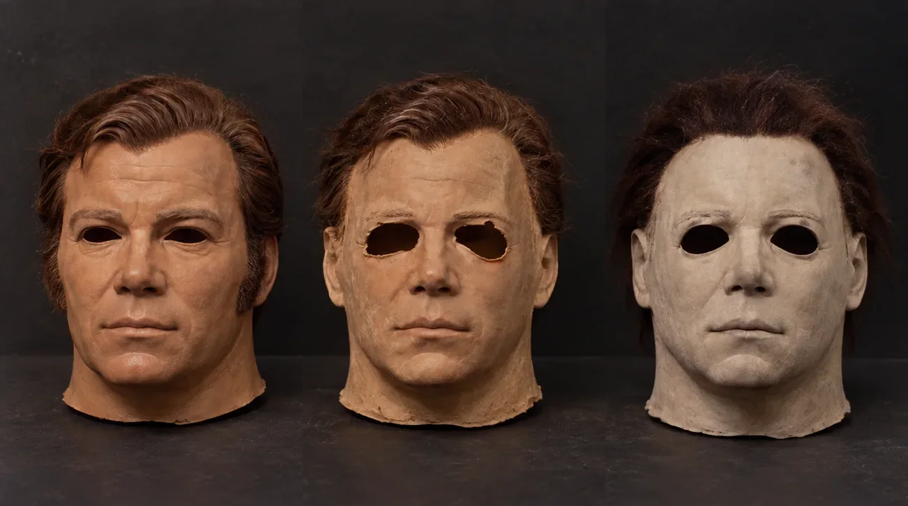 Artist's reconstruction of three representative stages in the conversion of a flesh-toned Captain Kirk mask into the pale mask used for Michael Myers